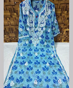 Blue kota leaf print chikan hand embroidered long kurta