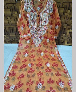 Orange kota leaf print chikan hand embroidered long kurta