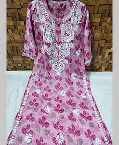 Pink kota leaf print chikan hand embroidered long kurta