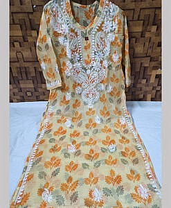 Yellow kota leaf print chikan hand embroidered long kurta