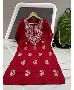 Deep red chikan embroidery kurti