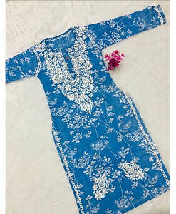 Mul Mul Cotton tree print chikan hand embroidery kurta