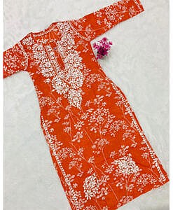 Mul Mul Cotton tree print chikan hand embroidery kurta