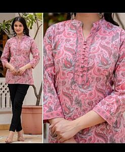 Pink printed soft cotton top with Tagai and sequence work