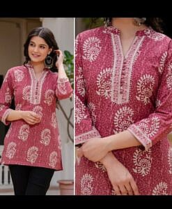 Block print soft cotton top with potli buttons, Tagai and sequence work