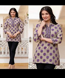 Purple flower printed soft cotton top with Tagai and sequence work