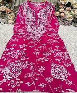 Pink Mul Mul Cotton tree print chikan hand embroidery kurta