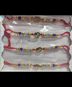 Ovel jali mor pankh rakhi with colourful beads and chawal chandan tika pack