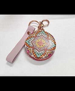 Beautiful blue and pink flower design print mirror with key chain