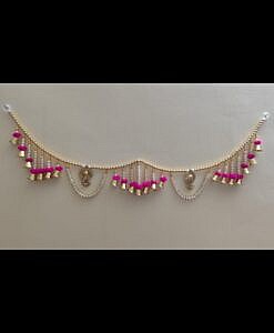 Pink Pom Pom with golden bells and white pearl Toran