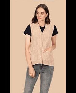 Beige sleeveless button down woolen cardigan with pockets