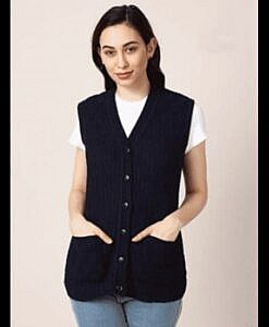 Navy Blue sleeveless button down woolen cardigan with pockets