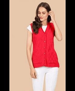 Water melon red sleeveless button down woolen cardigan with pockets