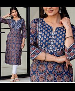 Navy Blue soft cotton sequence work yoke long kurti