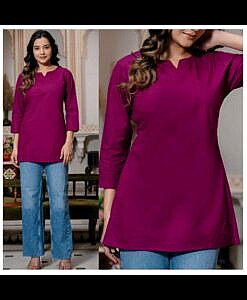 Purple solid poplin cotton short kurti with lace detailing