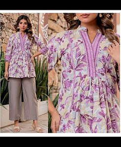 Purple flower cotton a line frilled border top