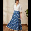 Blue and white printed cotton long skirt with lace border