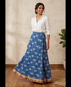 Blue and white printed cotton long skirt with lace border