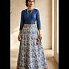 Blue and white printed cotton long skirt with lace border