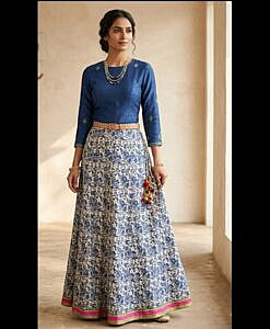 Blue and white printed cotton long skirt with lace border
