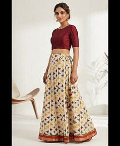 Yellow multi-colour cotton long skirt with lace border