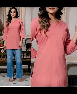 Peach solid poplin cotton short kurti with lace detailing
