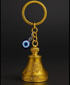 Golden gradian bell key ring with evil eye charm