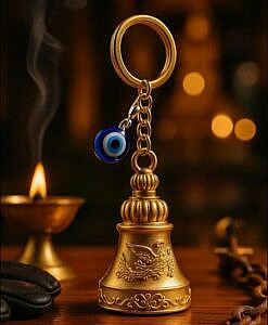 Golden gradian bell key ring with evil eye charm