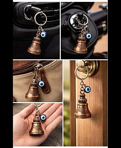 Copper colour gradian bell key ring with evil eye charm