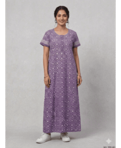 Purple soft cotton front open printed night gown