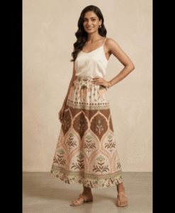 Brown pure cotton printed elasticated skirt