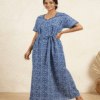 Blue soft cotton front open printed night gown
