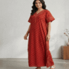 Red soft cotton front open printed night gown