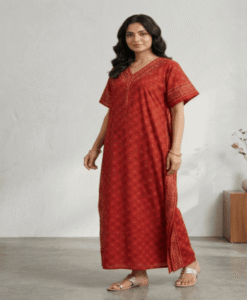 Red soft cotton front open printed night gown