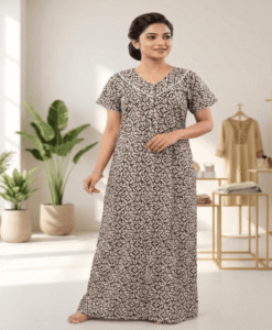 Brown and Black print soft cotton front open night gown