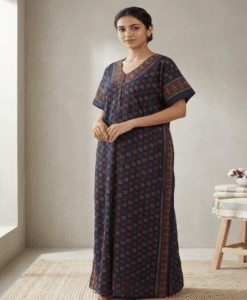 Navy Blue soft cotton front open printed night gown