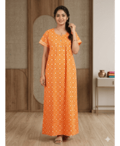 Orange soft cotton front open printed night gown