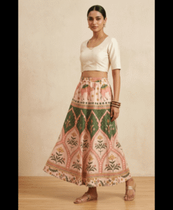 Green pure cotton printed elasticated skirt