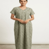 Green print soft cotton front open night gown