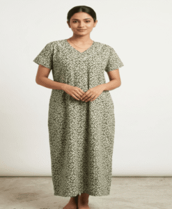 Green print soft cotton front open night gown