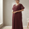 Maroon soft cotton front open printed night gown