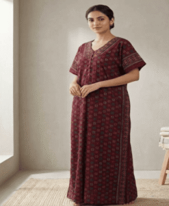 Maroon soft cotton front open printed night gown