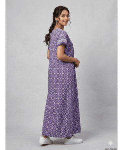 Purple soft cotton front open printed night gown