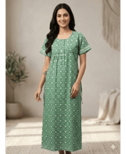 Green soft cotton front open printed night gown