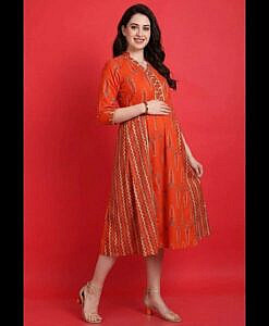 Women cotton orange printed kurti dress