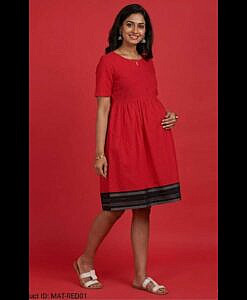Red plain cotton dress with striped dobby border