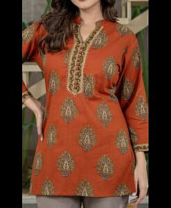 Rust printed soft cotton short kurti top with potli buttons