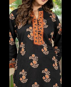 Black printed soft cotton short kurti top with potli buttons