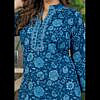 Blue printed soft cotton short kurti top with potli buttons