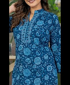 Blue printed soft cotton short kurti top with potli buttons
